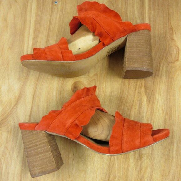 FREE PEOPLE Rosie Ruffle Heels Sz 38 Red Orange Slip On Slide Sandals Block Heel - Picture 2 of 12